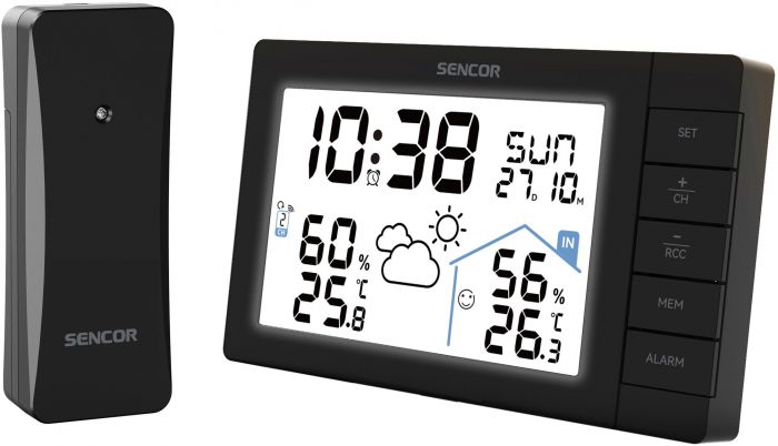 Метеостанція Sencor, внутр/зовн вимірювання, AAx3+AAx2, темп-ра, вологість, час, прогноз погоди, чорний
