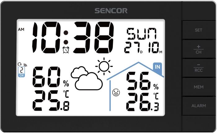 Метеостанція Sencor, внутр/зовн вимірювання, AAx3+AAx2, темп-ра, вологість, час, прогноз погоди, чорний
