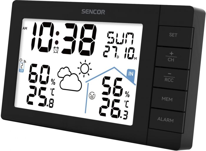 Метеостанція Sencor, внутр/зовн вимірювання, AAx3+AAx2, темп-ра, вологість, час, прогноз погоди, чорний
