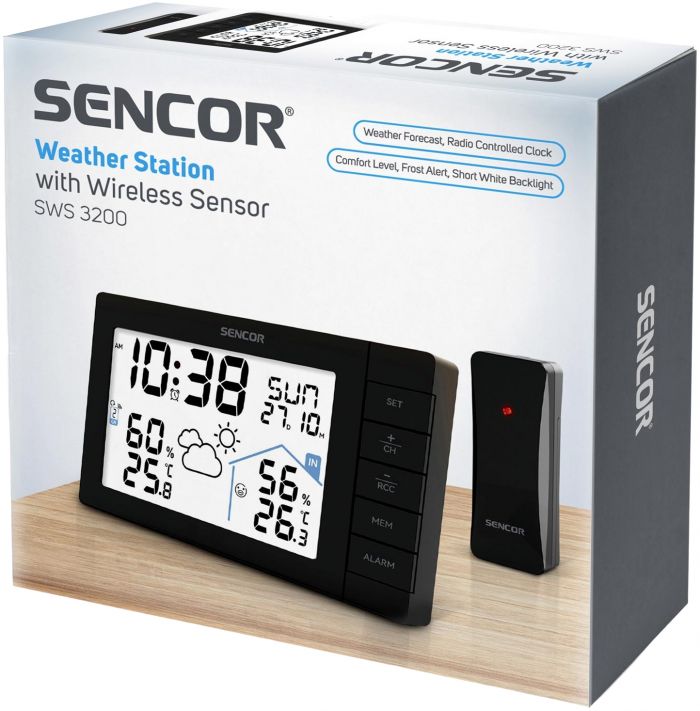 Метеостанція Sencor, внутр/зовн вимірювання, AAx3+AAx2, темп-ра, вологість, час, прогноз погоди, чорний
