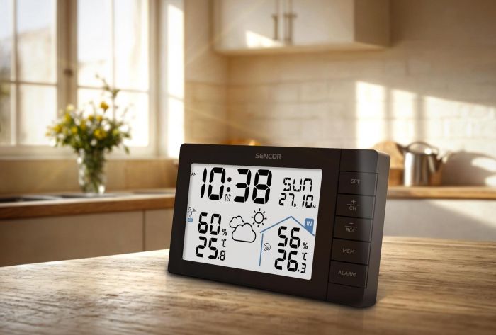 Метеостанція Sencor, внутр/зовн вимірювання, AAx3+AAx2, темп-ра, вологість, час, прогноз погоди, чорний