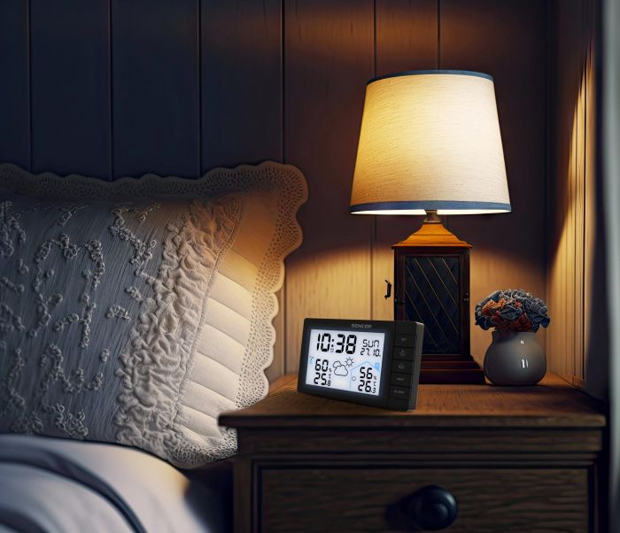 Метеостанція Sencor, внутр/зовн вимірювання, AAx3+AAx2, темп-ра, вологість, час, прогноз погоди, чорний