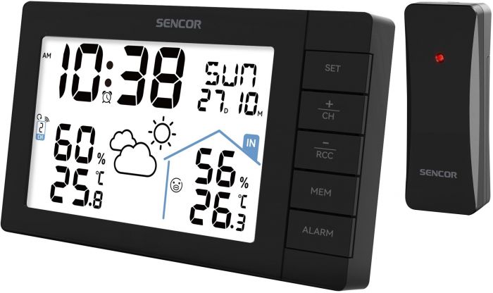 Метеостанція Sencor, внутр/зовн вимірювання, AAx3+AAx2, темп-ра, вологість, час, прогноз погоди, чорний