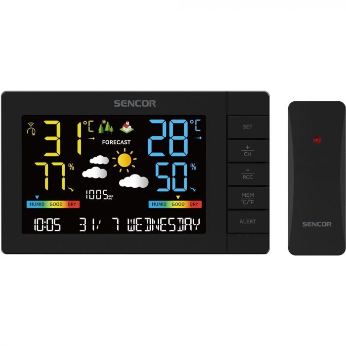 Метеостанція Sencor, внутр/зовн вимірювання, від мережі/AAx3+AAx2, темп-ра, вологість, час, прогноз погоди, атмосферний тиск, чорний
