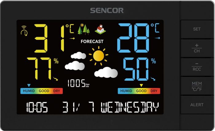 Метеостанція Sencor, внутр/зовн вимірювання, від мережі/AAx3+AAx2, темп-ра, вологість, час, прогноз погоди, атмосферний тиск, чорний