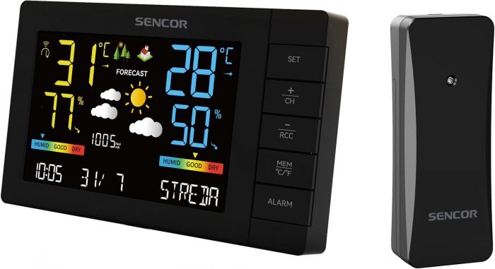 Метеостанція Sencor, внутр/зовн вимірювання, від мережі/AAx3+AAx2, темп-ра, вологість, час, прогноз погоди, атмосферний тиск, чорний