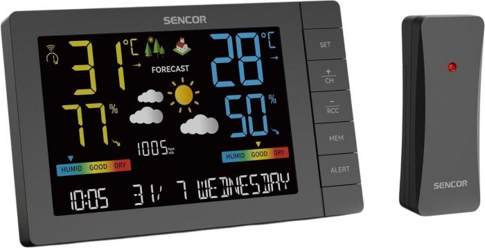 Метеостанція Sencor, внутр/зовн вимірювання, від мережі/AAx3+AAx2, темп-ра, вологість, час, прогноз погоди, атмосферний тиск, чорний