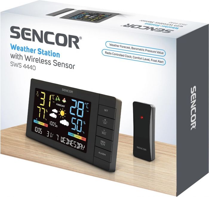 Метеостанція Sencor, внутр/зовн вимірювання, від мережі/AAx3+AAx2, темп-ра, вологість, час, прогноз погоди, атмосферний тиск, чорний