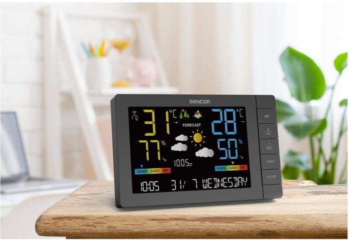 Метеостанція Sencor, внутр/зовн вимірювання, від мережі/AAx3+AAx2, темп-ра, вологість, час, прогноз погоди, атмосферний тиск, чорний