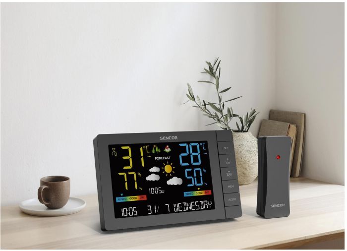 Метеостанція Sencor, внутр/зовн вимірювання, від мережі/AAx3+AAx2, темп-ра, вологість, час, прогноз погоди, атмосферний тиск, чорний