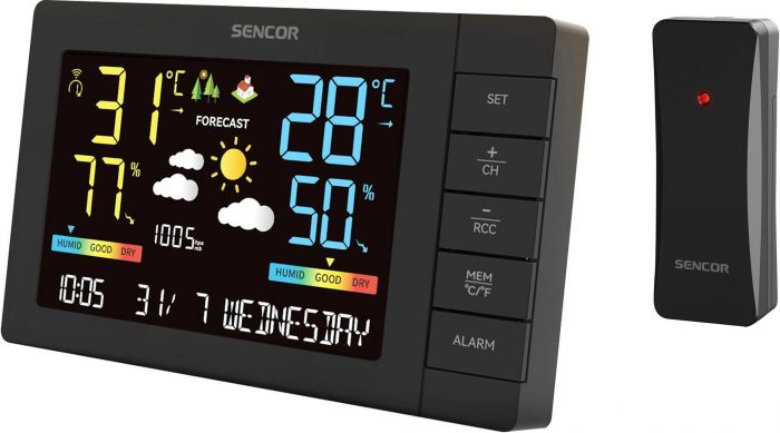 Метеостанція Sencor, внутр/зовн вимірювання, від мережі/AAx3+AAx2, темп-ра, вологість, час, прогноз погоди, атмосферний тиск, чорний