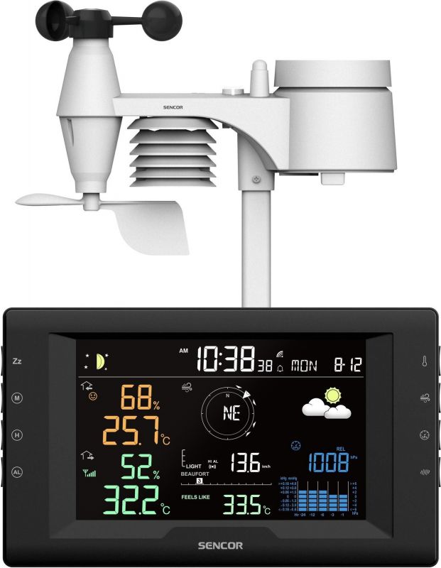Метеостанція Sencor, внутр/зовн вимірювання, від мережі/CR2032x1+AAx3, темп-ра, вологість, час, прогноз погоди, атмосферний тиск, шв. вітру, чорний