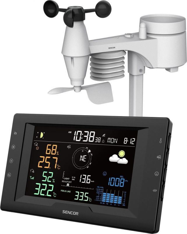 Метеостанція Sencor, внутр/зовн вимірювання, від мережі/CR2032x1+AAx3, темп-ра, вологість, час, прогноз погоди, атмосферний тиск, шв. вітру, чорний