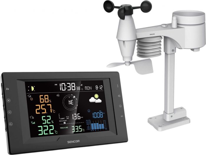 Метеостанція Sencor, внутр/зовн вимірювання, від мережі/CR2032x1+AAx3, темп-ра, вологість, час, прогноз погоди, атмосферний тиск, шв. вітру, чорний