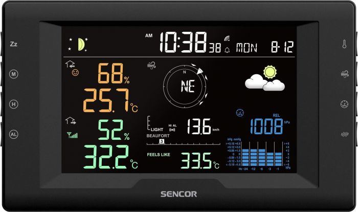 Метеостанція Sencor, внутр/зовн вимірювання, від мережі/CR2032x1+AAx3, темп-ра, вологість, час, прогноз погоди, атмосферний тиск, шв. вітру, чорний