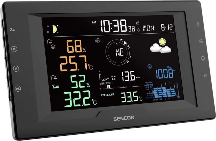 Метеостанція Sencor, внутр/зовн вимірювання, від мережі/CR2032x1+AAx3, темп-ра, вологість, час, прогноз погоди, атмосферний тиск, шв. вітру, чорний