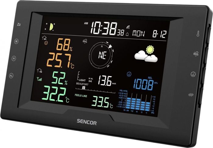 Метеостанція Sencor, внутр/зовн вимірювання, від мережі/CR2032x1+AAx3, темп-ра, вологість, час, прогноз погоди, атмосферний тиск, шв. вітру, чорний