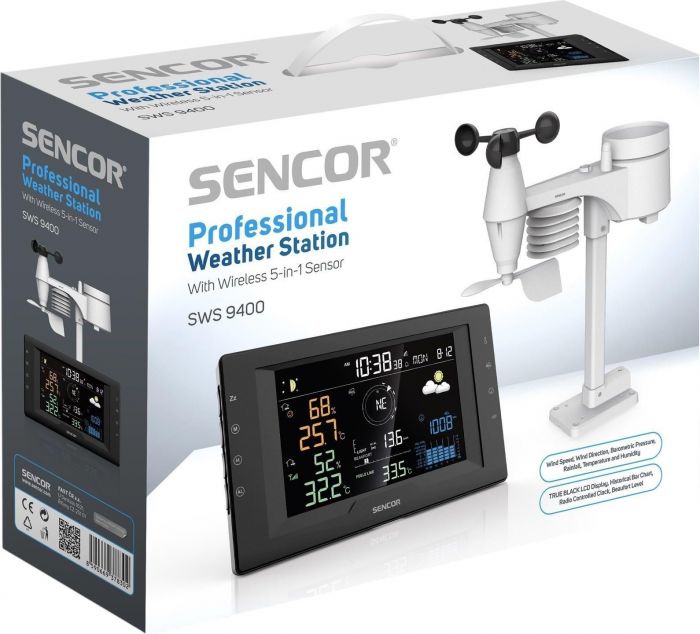 Метеостанція Sencor, внутр/зовн вимірювання, від мережі/CR2032x1+AAx3, темп-ра, вологість, час, прогноз погоди, атмосферний тиск, шв. вітру, чорний