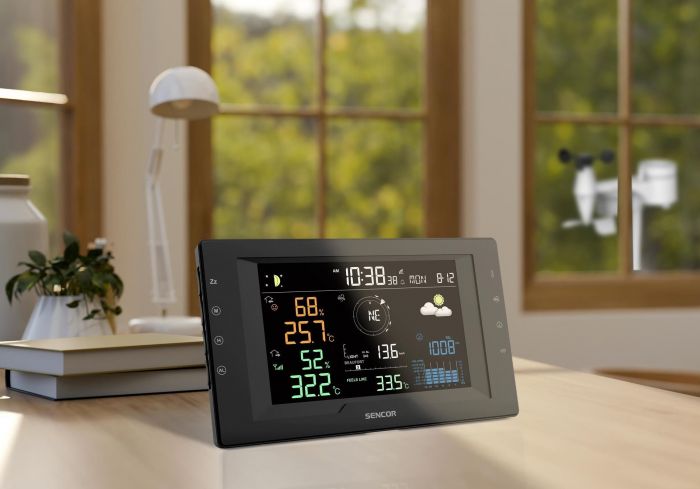 Метеостанція Sencor, внутр/зовн вимірювання, від мережі/CR2032x1+AAx3, темп-ра, вологість, час, прогноз погоди, атмосферний тиск, шв. вітру, чорний