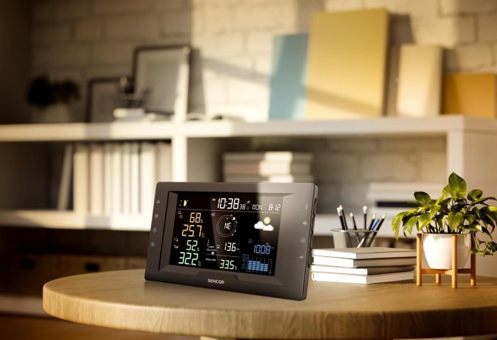 Метеостанція Sencor, внутр/зовн вимірювання, від мережі/CR2032x1+AAx3, темп-ра, вологість, час, прогноз погоди, атмосферний тиск, шв. вітру, чорний