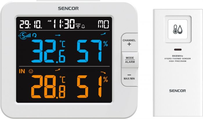 Метеостанція Sencor, внутр/зовн вимірювання, температура, вологість, час, дні тижня, календар, підтримує платформи Android та iOS, Білий