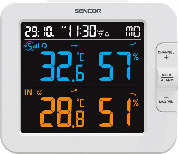 Метеостанція Sencor, внутр/зовн вимірювання, температура, вологість, час, дні тижня, календар, підтримує платформи Android та iOS, Білий
