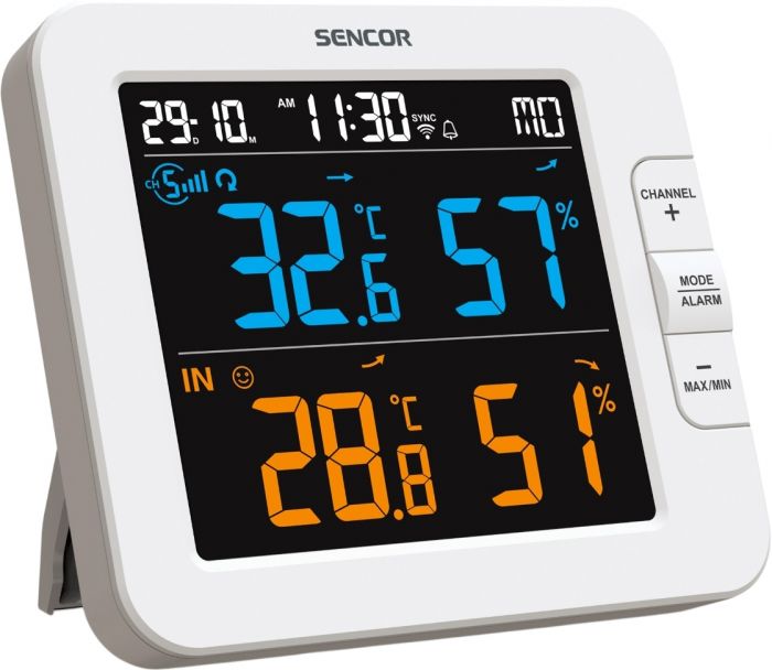 Метеостанція Sencor, внутр/зовн вимірювання, температура, вологість, час, дні тижня, календар, підтримує платформи Android та iOS, Білий