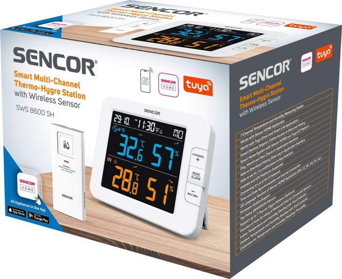 Метеостанція Sencor, внутр/зовн вимірювання, температура, вологість, час, дні тижня, календар, підтримує платформи Android та iOS, Білий