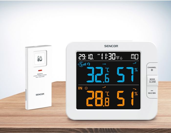 Метеостанція Sencor, внутр/зовн вимірювання, температура, вологість, час, дні тижня, календар, підтримує платформи Android та iOS, Білий