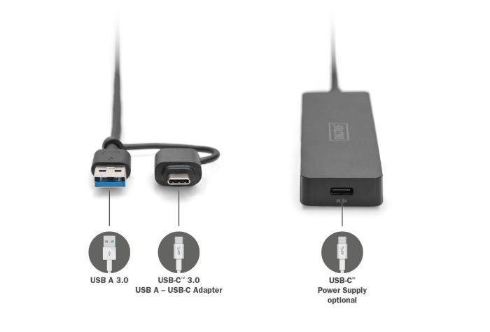 Хаб DIGITUS USB-A/C > 4хUSB-А, 1,2 м, активний (опція)