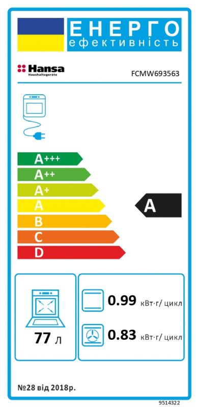 Плита комбінована Hansa, 60х60см, 77л, чавун, газ контр., дисплей, білий