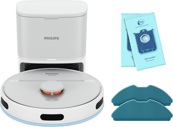 Робот-пилосос Philips Series 2000, h=9.7см, вологе прибирання, конт пил -0.38л, вода -0.3л, автон. робота до 120хв, EPA 11, Wi-Fi, станція самоочищ., білий