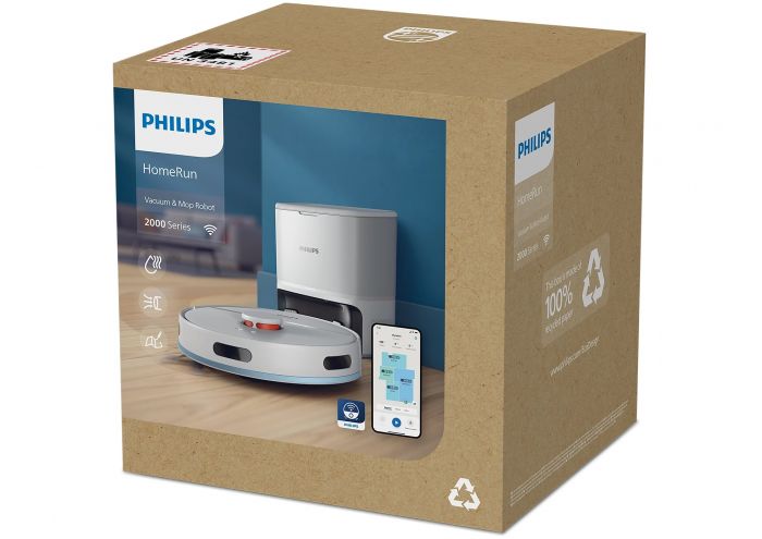 Робот-пилосос Philips Series 2000, h=9.7см, вологе прибирання, конт пил -0.38л, вода -0.3л, автон. робота до 120хв, EPA 11, Wi-Fi, станція самоочищ., білий