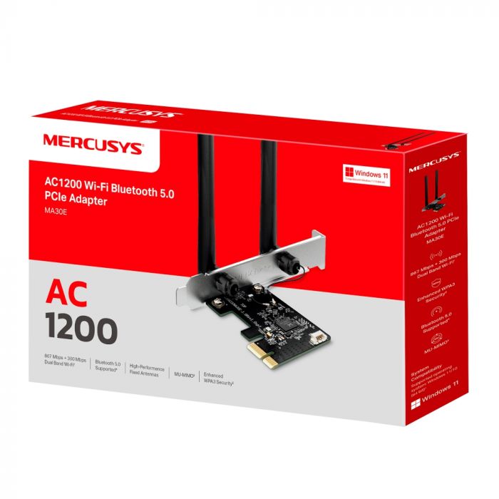 Адаптер WiFi MERCUSYS MA30E AC1200, PCI-Express x1, BT5.0