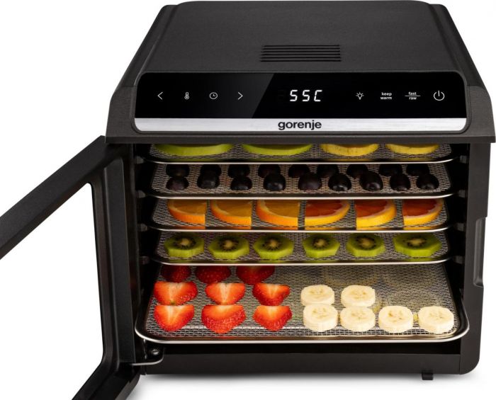 Сушарка для продуктів Gorenje 580Вт, піддонів - 6x1.5см, діаметр - 25см, макс - 75°С, дисплей, пластик+метал, чорний