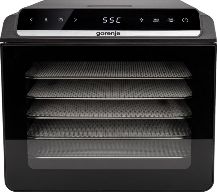 Сушарка для продуктів Gorenje 580Вт, піддонів - 6x1.5см, діаметр - 25см, макс - 75°С, дисплей, пластик+метал, чорний