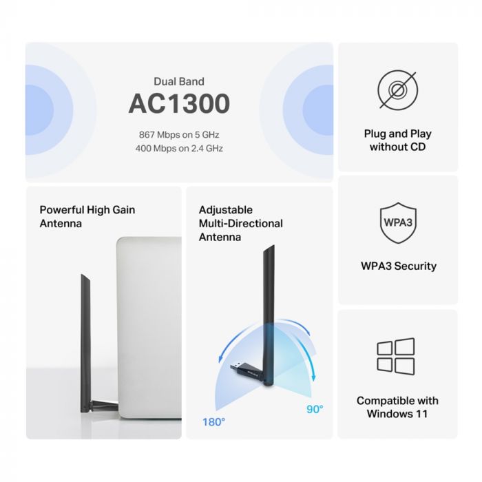 Адаптер WiFi MERCUSYS MA30H AC1300, USB
