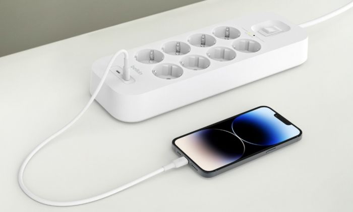 Подовжувач-фільтр мережевий Belkin 8хТип F, 3x1.5мм кв, 16А, USB-C/USB-C 30Вт, з захистом від перенапруги, 2м, білий