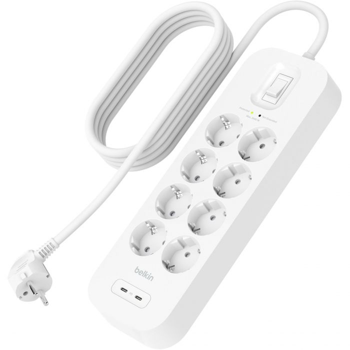 Подовжувач-фільтр мережевий Belkin 8хТип F, 3x1.5мм кв, 16А, USB-C/USB-C 30Вт, з захистом від перенапруги, 2м, білий