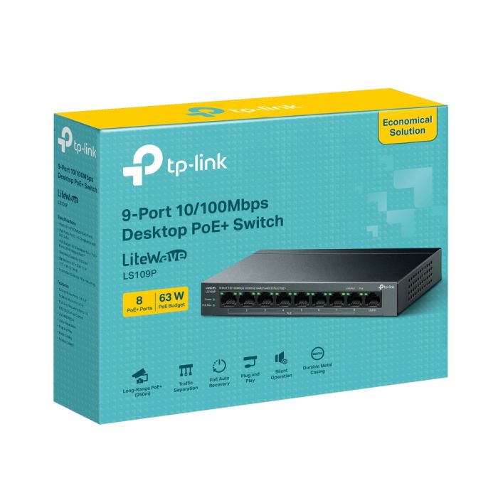 Комутатор TP-LINK LS109P  9xFE (8xPoE), 63 Вт