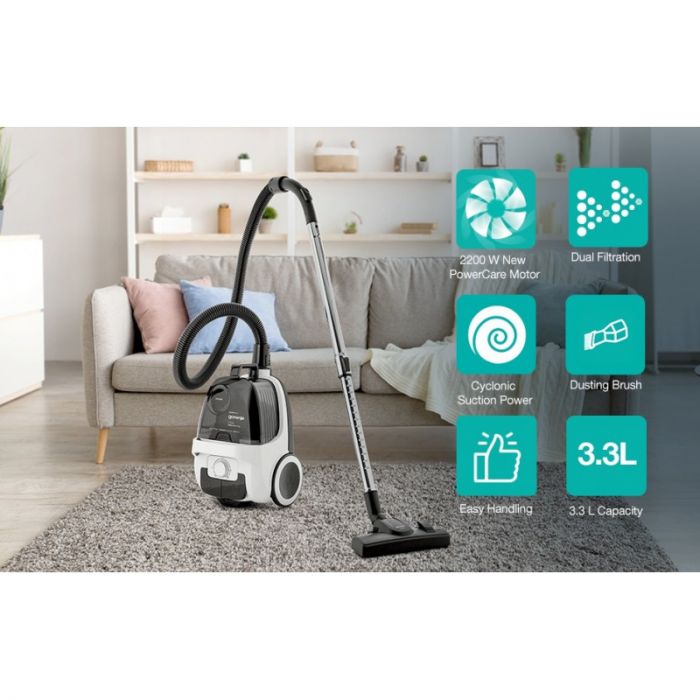 Пилосос Gorenje контейнерний, 800Вт, конт пил -3.3л, HEPA, телескоп трубка, сенсорне упр, білий