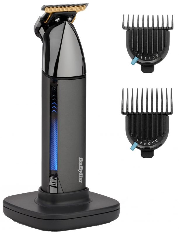 Тример Babyliss Super-X Metal Black Edition, для вусів та бороди, акум., насадок-2, кейс, підставка, сталь, чорно-сірий