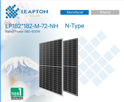 Фотоелектрична панель Leapton Solar LP182x182-M-72-NH-580W, Mono, TopCon, MBB, Halfcell, Silver frame