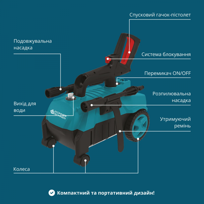 Мийка високого тиску Konner&Sohnen KS 1600Вт 90-130бар 312л/год шланг 7м 6.1кг