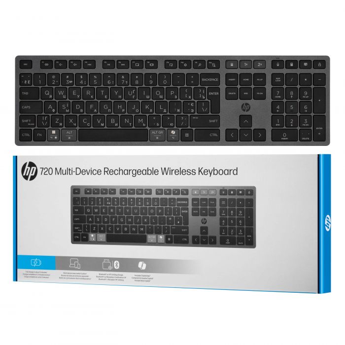 Клавіатура мембранна HP 720 Multi-Device Rechargeable, 109key, WL/BT, EN/UK, чорний
