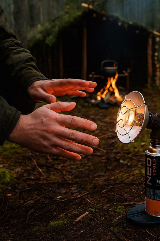 Обігрівач газовий туристичний Neo Tools, 92г/год, картриджний, регулятор, п'єзопідпал, чорний