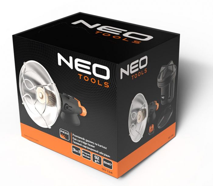 Обігрівач газовий туристичний Neo Tools, 92г/год, картриджний, регулятор, п'єзопідпал, чорний
