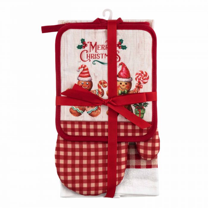 Подарунковий набір для кухні Ardesto Christmas Gingerbread, 3шт, 100% бавовна (рушничок), 100% поліестер (прихватки), червоний