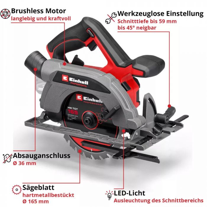 Пила дискова акумуляторна Einhell TP-CS 18/165 Li BL-Solo безщіткова 18В 5000об/хв 165х20мм 2.95кг без АКБ та ЗП