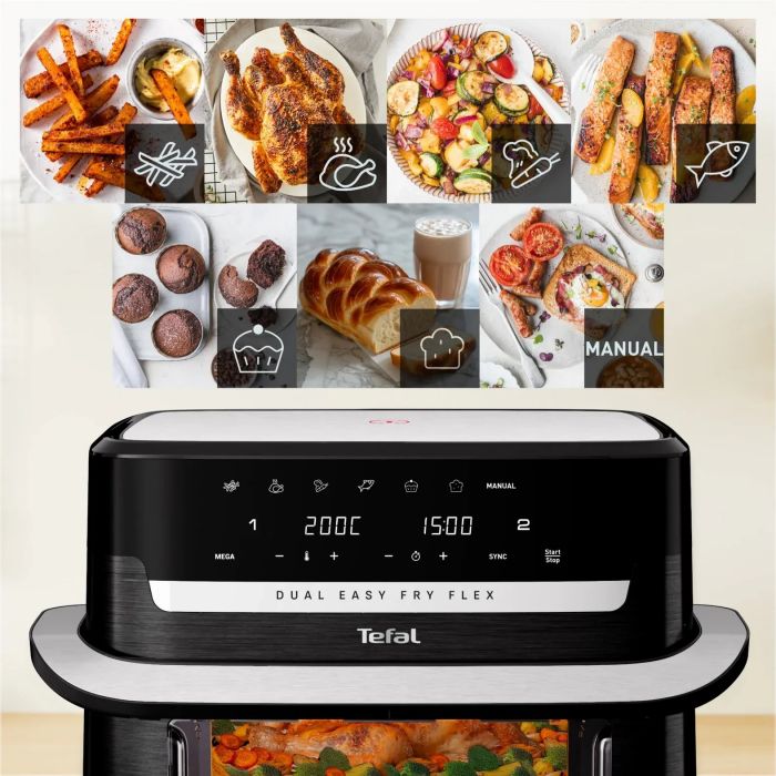 Мультипіч Tefal Dual Easy Fry Flex, 2700Вт, чаша-5.5+3.5л, сенсорне керув., з віконцем, 2 чаши, гриль, пластик, чорний